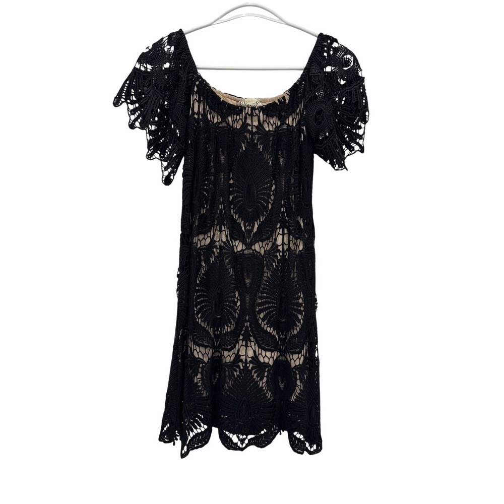Free People Sagrada Black Crochet Lace Mini Dress XS Boho Lined Shift